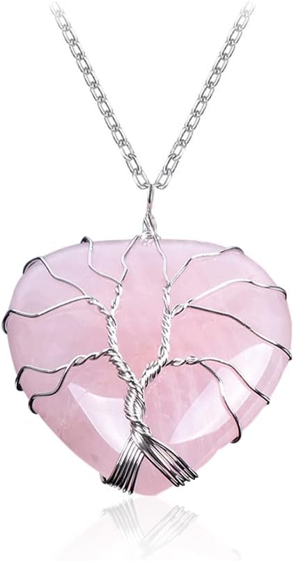 Kayzon Rose Quartz Healing Crystal Necklace, Natural Crystal Heart Stone Pendant, Silver Wire Wrapped Tree of Life Gemstone Healing Point Balancing Necklaces Jewellery for Women for Yogi Reiki Chakra