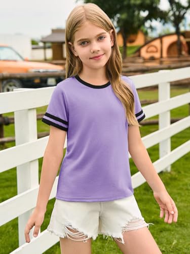 Image of Haloumoning Girls Short Sleeve T Shirts Kids Summer Crewneck Color Block Tops Fashion Tees 5-14 Years