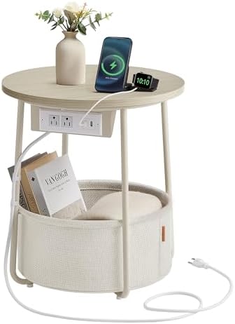 VASAGLE LILEA Collection - Side Table with Charging Station, Roun...