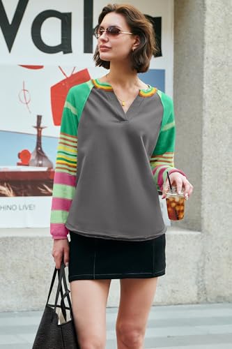 Panadila Womens Striped Long Sleeve Shirt Color Block Raglan Shirt V Neck Patchwork Pullover Tops Casual Cute Top4