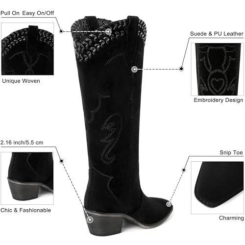 Image of Reitoye Cowboy Boots Women Knee High Cowgirl Embroidered Chunky Heel Boots | Block Chunky Heel,Pointed Toe,Half Side Zipper & Pull Tab,Embroidered Tall Boots,Fall Summer Spring Winter Dress Long Boots