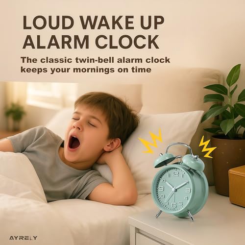 Image of AYRELY Super Loud Twin Bell Alarm Clock for Heavy Sleepers Adults, 4-Inch Retro Silent Non-Ticking with Night-Light, 3D Raised Number Dial, Battery Operated for Bedroom Bedside (3D Dial - Green)