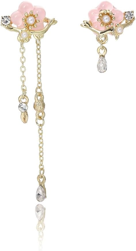 Pink Flower Dangle Earrings Floral Zircon Ear Stud Cute Peach Blossom Long Tassel Earrings Asymmetrical Flower Earring Jewelry for Women