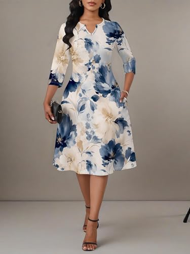 Image of PinkPatty Women's Casual 3 /4 Sleeve Midi Dresses Fit and Flare Church Work Dress with Pockets