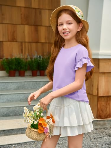 Image of Haloumoning Girls Ruffle Short Sleeve T Shirts Kids Summer Crewneck Tops Cute Tees Blouse 5-14 Years