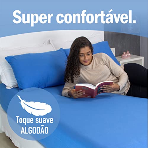 Jogo de Lençol Queen Malha 100% Algodão Liso com Elástico 3 peças Toque Macio Top (Azul Bic)