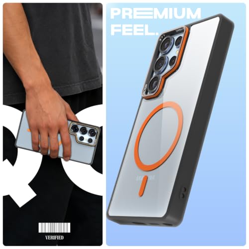 Image of Pikkme Back Cover for Samsung Galaxy S25 Ultra 5G | Shockproof | Mag-Safe Compatible | Hard Transparent Back | Premium Raised Camera Protection | Bumper Case (Black & Orange Mag-Safe)