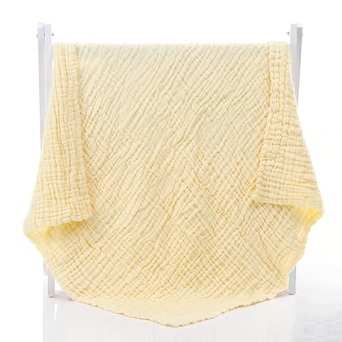 Image of Aablexema Baby Muslin Bath Towels - Set of 2 Large Size 43X43 Inches Swaddle Blanket for Newborn Toddlers Boys Girls (White & Yellow)