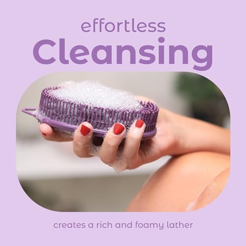 Image of MainBasics Exfoliating Silicone Body Scrubber Pro 2-in-1 Shower Scrubber for Body Care, Silicone Loofah and Body Exfoliator (Purple, Body + Exfoliate)