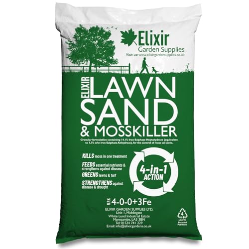 Elixir Gardens Lawn Sand & Moss Killer Treatment | Turf Green Up with Iron Sulphate | 4-0-0+3Fe | 20kg Bag | Treats over 310 sq. meters