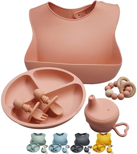 Baby Feeding Set Silicone Baby Bib Baby Plate Bowl Spoon Fork Divided Plate Baby Teether Baby Led Weaning Baby Gift Set