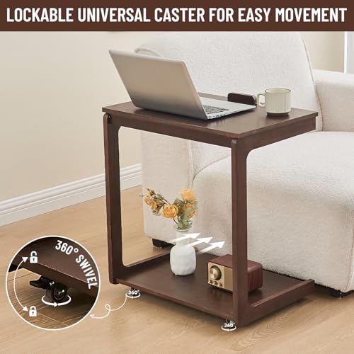 Image of Uniclinens Rolling Side Table, C Shape Couch End Table with Wheels, Mobile Wooden Sofa Tray, Movable Small Couch Desk for Bedroom Living Room, Dark Walnut