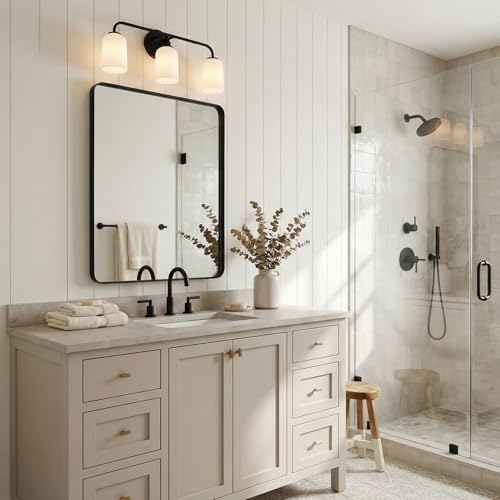 Image of HomePlace Lighting 148831MB-542 Lawson Transitional Soft White Glass Bell Vanity Light for Bathroom, 3-Light 300 Total Watts, 10 inch H x 24 inch W, Black