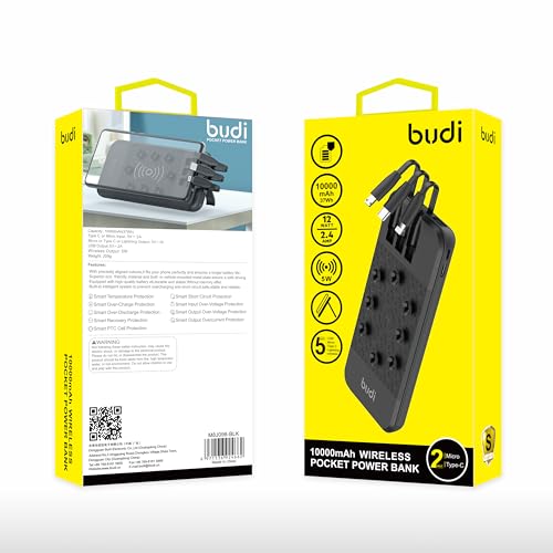 Budi - 10000mAh Wireless Power bank with 3 integrated cables and 2 cable inputs Accessories - Suction cups to attach to the device - Phone Stand - Charging Charger Micro Mobile Portable Usb Smartphone