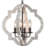Distressed White Wood Farmhouse Orb Chandeliers, Dining Room 4-Light French Country Coastal Rustic P