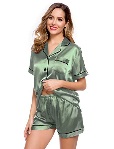 Image of LecGee Womens Silk Satin Pajamas Short Sleeve Loungewear Two-Piece Sleepwear Button-Down Pj Set