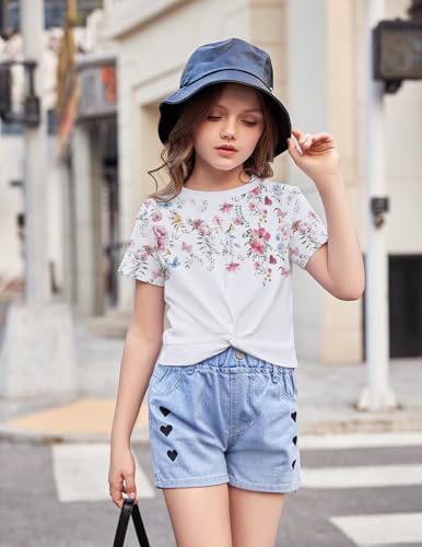 Image of Arshiner Girls Casual Tie Dye Short-Sleeve T-Shirt Cute Print Summer Blouse for Girls Twist Front Tunic Tee Tops