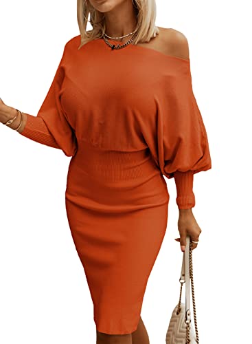 Dokotoo Womens Orange Sweater Dress Elegant Off Shoulder Long Batwing Sleeve Elastic Waist Bodycon Mini Dresses for Women Sexy 2025 Fashion Medium