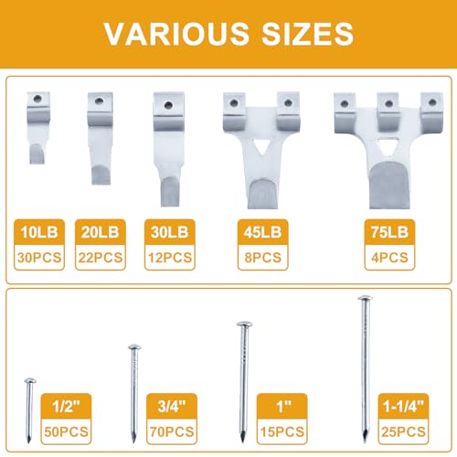 Image of KURUI 303Pcs Picture Hanging Kit, Picture Hangers Assorted Kit with Heavy Duty Wall Hooks, Sawtooth, Picture Wire, D Rings, Hardware Nails, Eye Hooks, Silver Heavy Duty Frame Hooks (Pack of 2)