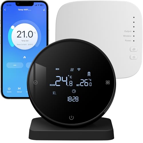 Vaconoff Thermostat Connecté a Pile Thermostat Chaudiere Gaz, sans Fil avec Un Récepteur, pour Chauffage à l'eau Au Sol, WiFi Intelligent Programmable,Compatible avec Tuya/Alexa/Google Assistant Noir