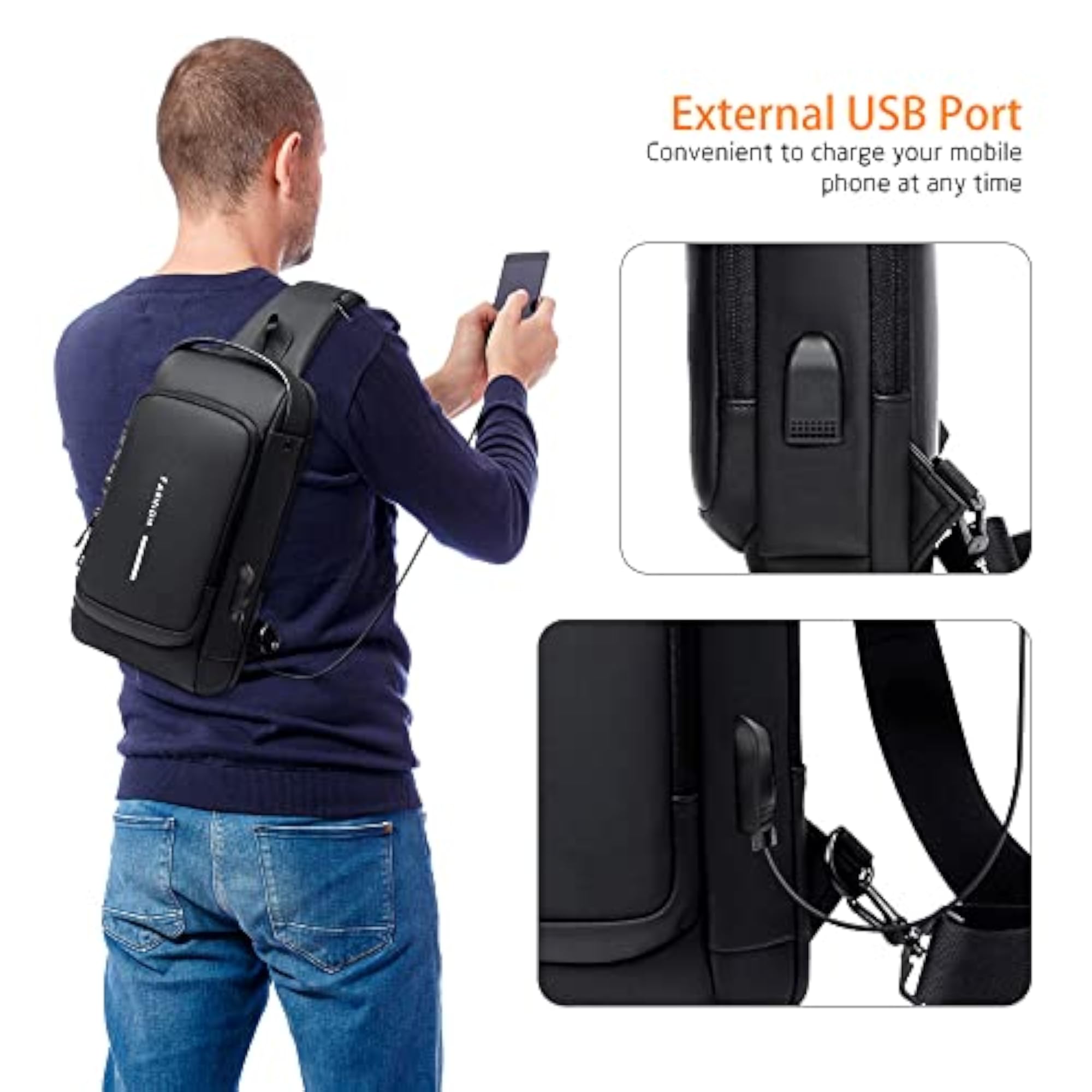 Men's Sling Bag with USB Charging Port, Casual Backpack