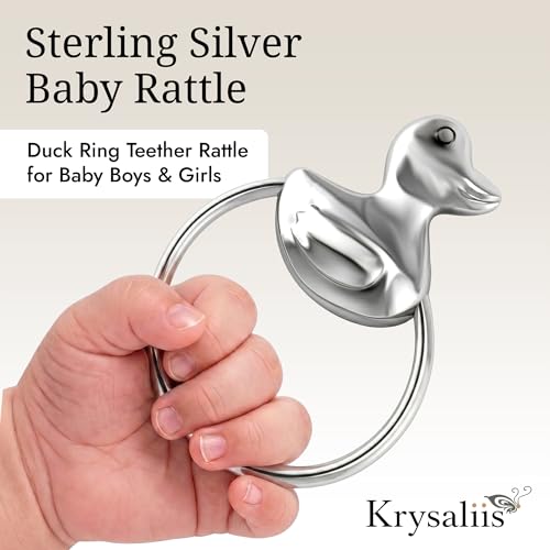 Image of Duck 925 Sterling Silver Teether Rattle Ring | non tarnishing, 0-12 months, teething gift, engravable, gift boxed, baby shower, christening, newborn keepsake