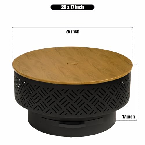 OutVue 26" Wood Burning Fire Pits with Grill & Lid, Fire Pit Table for Outside with Waterproof Cover & Fire Poker, Outdoor Firepit with Functions for BBQ,Table and Bonfire