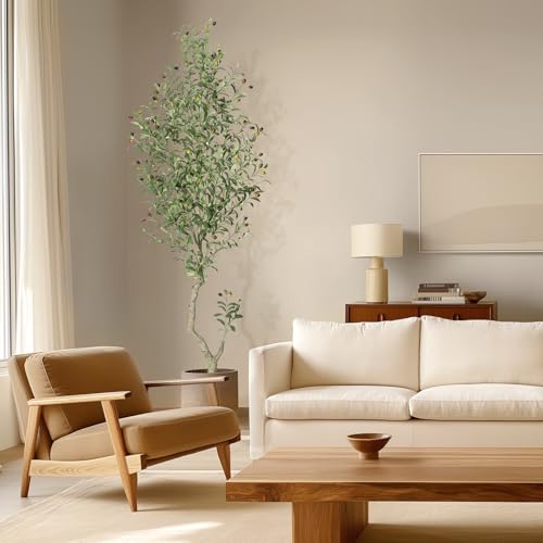 GarveeHome Faux Olive Tree 7ft, Olive Trees Artificial Indoor with White Planter, Artificial Silk Plants with Green Leaves and Big Fruits for Home Office DéCor Living Room Bedroom Stairs Foyer,2 Pack