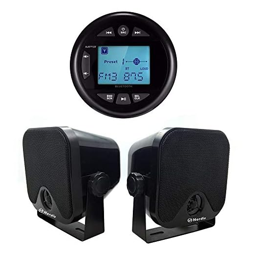 Herdio 4 Inches Mp3 USB AM FM Compatible Weather-Proof Marine & UTV Gauge Bluetooth Stereo Radio + 4 Inches Marine Surface Mount Box Speakers(Black)