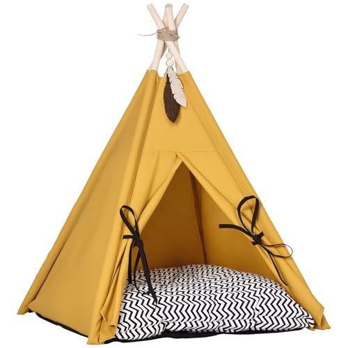 PawHut Tipi Zelt für Haustiere, Katzenzelt mit abnehmbar und waschbar Kissen, Katzenhaus mit rutschfestem Boden, Spielball, für Katzen unter 5kg,...