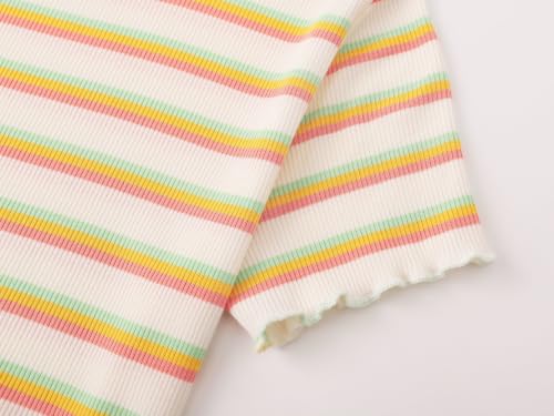 Image of Girls Striped T-Shirt Lettuce Trim Short Sleeve Top Size 6-16 | Soft stretch ribbed knit fabric, breathable blouse,summer outfit for big girls & teen, for school, party and daily activity