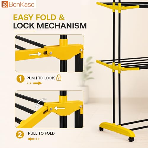 Image of BonKaso AirFold Max 4-Tier Double Pole Foldable Clothes Drying Stand, Portable Heavy Duty Alloy Steel Laundry Rack with 360 Wheels and 8 Hanger Slots, for Indoor and Outdoor Use, Black & Yellow