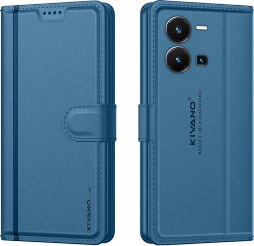 Image of KIVANO LUXE Compatible for Vivo Y35 Luxury Handmade Leather Magnetic Flip Folio Case | Card Holder & Kickstand | Slim Protective Cover | Unisex - Blue