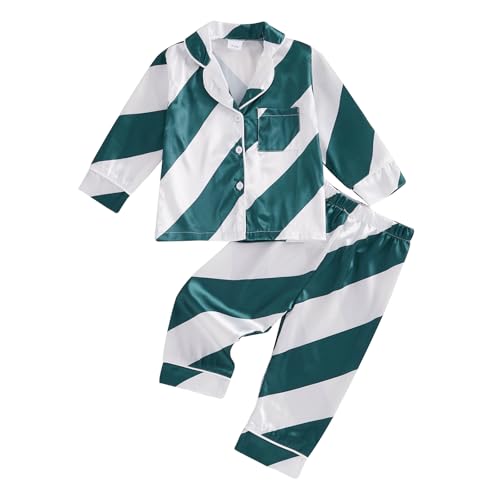 ZAXARRA Little Girl Boy Christmas Pajamas Set Bow/Stripe Print Long Sleeve Lapel Button Down Tops with Pants Satin Sleepwear