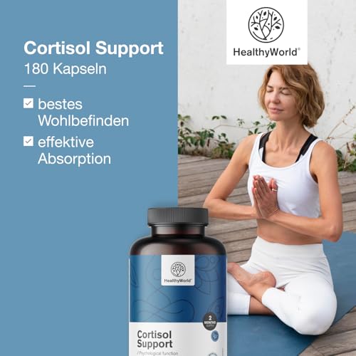 HealthyWorld Cortisol Support - 180 Kapseln - Ashwagandha, Rosenwurz, L-Theanin, Zink, Schwarzer Pfeffer, Vitamin C1, B1, B5, B6 - für das Hormongleichgewicht - vegetarische Formel