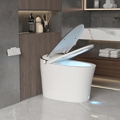 DeerValley Tankless Toilet with Bidet Built in Chair Height One Piece Smart Bidet Toilet 1.28GPF Auto Flush,Foot Kick,Blackout Flush,Remote Control Modern Toilets for Bathrooms DV-1S0019R