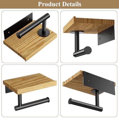 Image of Tindbea Toilet Paper Holder with Wood Shelf, Wooden Wall Mount Tissue Roll Holder, Matte Black Stainless Steel Bathroom Accessories Decor for Household Home Apartment Restroom Essential (Red Oak)