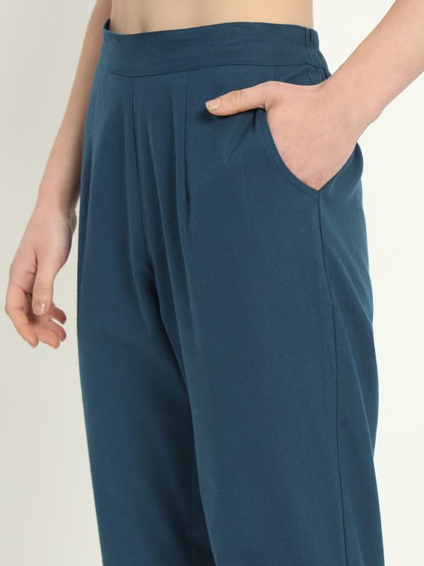 Image of Women's Solid Straight Fit 100% Cotton Trousers | High Waist, Side Pockets, Ankle Length Pants for Office, Casual