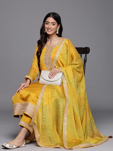 Image of Libas Printed Chiffon Straight Kurta With Trouser and Dupatta