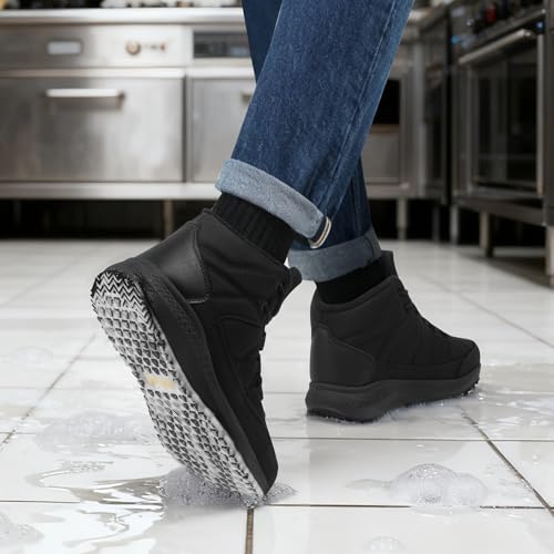 Image of Non Slip Work Boots for Men Slip Resistant Shoes for Chef Kitchen Restaurant Food Service Working Waterproof Ankle Boot Cotton-Padded Outdoor Walking Sneakers