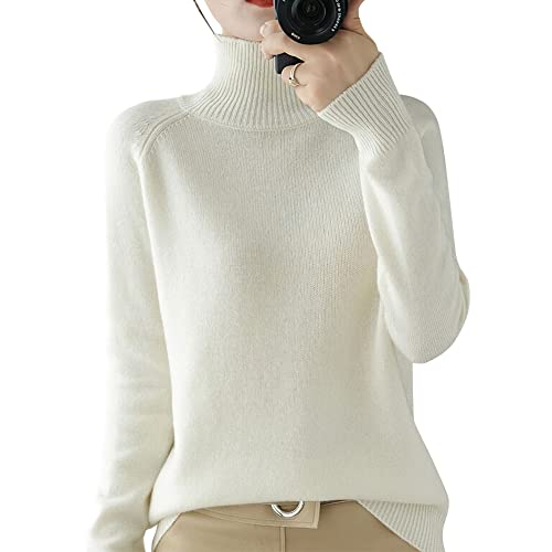 [YUMISS] ニット レディース トップス セーター 【暖かい厚手のニット素材・ハイネック・秋冬でも着痩せ】 リブ ストレッチ ゆったり 柔らかい 無地 シンプル 長袖 色展開 通勤 ニットソー カットソー カジュアル (L, ホワイト)のサムネイル