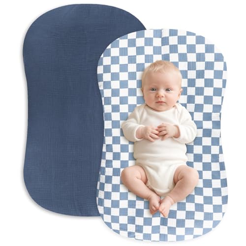 Image of Hooyax Muslin Baby Lounger Cover 2 Pack - 100% Breathable Cotton Soft Infant Lounger Covers, Fits Most Standard Newborn Loungers & Pillows (Blue Checker + Navy)