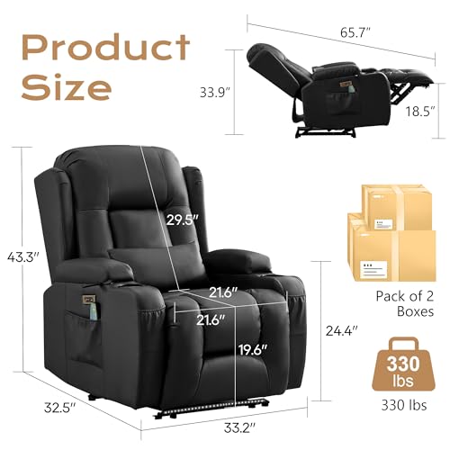 Image of URRED Recliner Chair with Massage and Heat, Power Reclining Sofa Chair Home Theater Seating with LED Ambient Light, USB Ports, Cup Holders, Side Pockets, Faux Leather (Black, Set of 1)