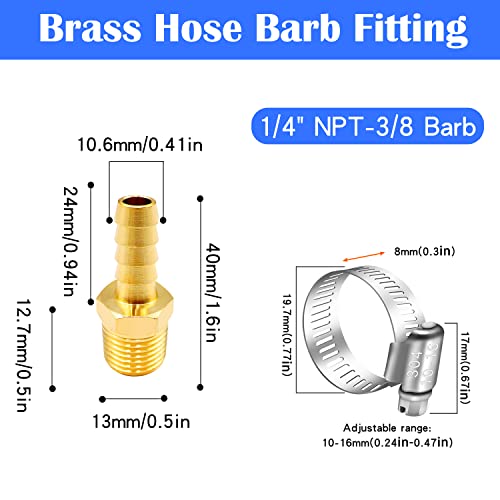 Tnuocke 4Pcs Brass Air Hose Barb Fittings,3/8" Hose Barb To 1/4 Npt Male Thread Quick Coupler Air Pipe Adapter With 4Pcs Hose Clamp,Compression Hose Fittings H-040-1/4 Npt-3/8 #TOP3