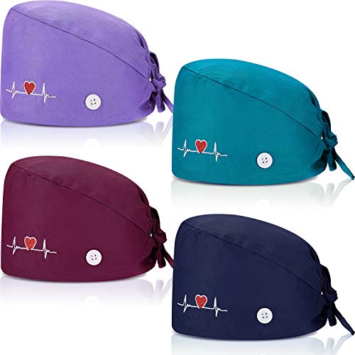 SATINIOR 4 Pieces Working Cap with Buttons, Unisex Bouffant Working Hat with Adjustable Sweatband (Purple, Lake Blue, Navy, Wine Red)