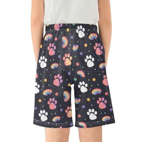Cat Paw Rainbow Sleep Shorts Summer Pajama Shorts Elastic Waist Sleep Bottoms with Pockets 6-14 Years2