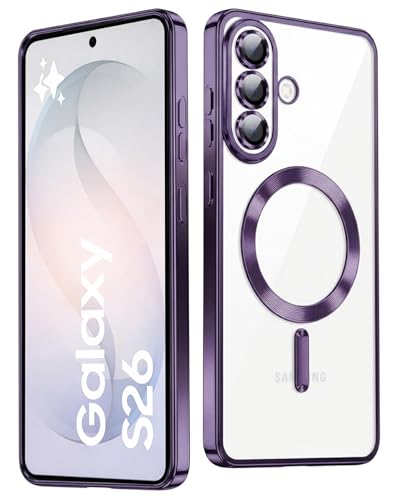 Image of VONZEE Clear Logo Electroplating Transparent Case for Samsung Galaxy S26 5G, Magnetic Plating [Support for MagSafe Charger] Electroplate TPU Cover- Deep Purple
