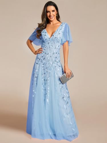 Image of Ever-Pretty Women's Sequin Formal Dresses Evening Gown Sparkly V-Neck Short Sleeve Floor Length Mother of The Bride Dress 736
