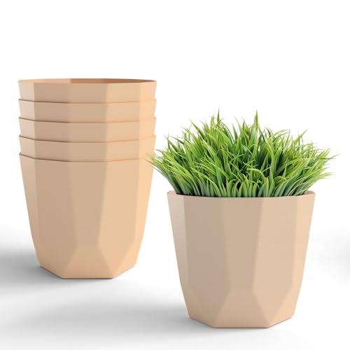 Image of YUCCABE ITALIA SHERA Hexa Plastic Planter Pot for Plants Decorative Flower Pot UV Protected Lightweight Indoor Outdoor Gamla for Home Decor, Balcony, Garden & Living Room (Beige, 4 INCH - 6 Pcs)
