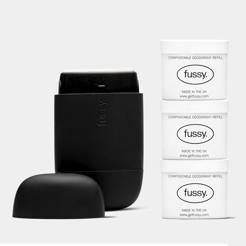 Fussy - Mens Natural Refillable Deodorant - Aluminium Free - 24 Hour Protection - Midnight Black Case & Variety Refill Pack (3 x 40g) - Wilderness Wavy Days & Forest Haze - Vegan & Cruelty Free